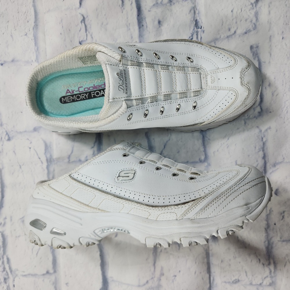 Skechers DLites WOMENS 10 Bright Sky White Leather Slip On Shoes Mules Sneakers